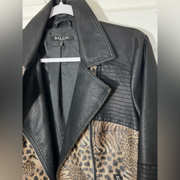 Baccini Black and Brown Animal Print Leopard Cheetah Faux Leather Moto Jacket - Picture 4 of 6
